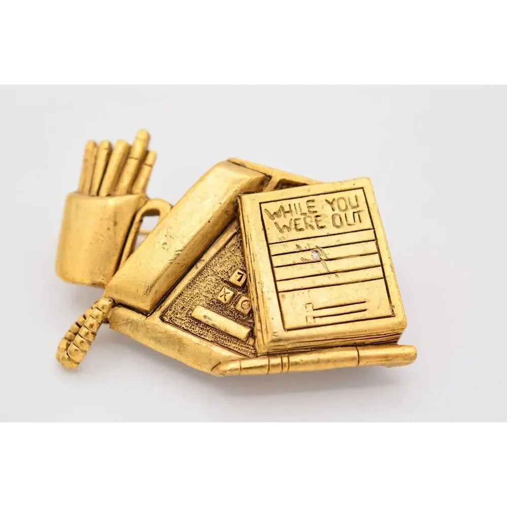 Danecraft Vintage Work Desk Pin Brooch Office Antiqued Gold Heavy Signed BinA15